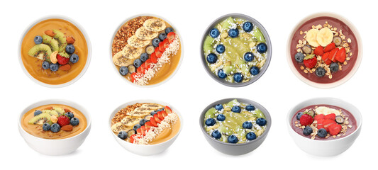 Many different smoothie bowls isolated on white, collage with side and top views
