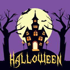 Halloween card dark castle, bats