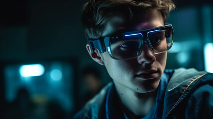 スマートグラスをつける男性・ゲーマー・ウェアラブルデバイス
