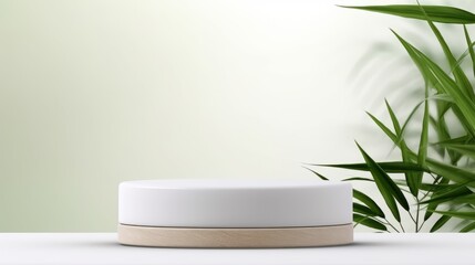 Minimalistic White Podium with Natural  Leaves for Products Showcase