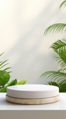 Minimalistic White Podium with Natural  Leaves for Products Showcase
