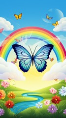 Fototapeta na wymiar Rainbow Butterfly Cartoon Delight