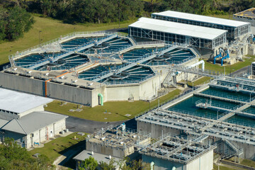 Modern water cleaning facility at urban wastewater treatment plant. Purification process of...