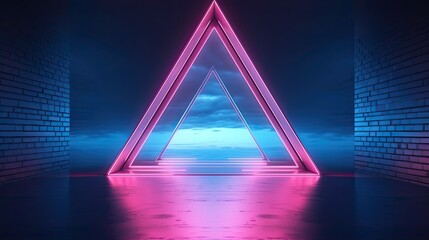 3d render, abstract geometric neon background, pink blue vivid light, ultraviolet triangular hole in the wall. Window, open door, gate, portal. Room entrance, arch. Modern minimal concept - obrazy, fototapety, plakaty