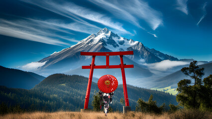 nice view of famous Floating Torii gate in Japan - obrazy, fototapety, plakaty