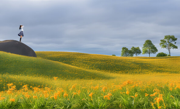 Tourists visit the beautiful daylilies in the Chike mountain(Jinzhen Mountain) of Hualien, Taiwan.