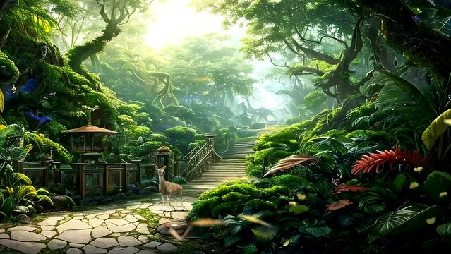 Beautiful fantasy tropical forest nature panorama. Illustration of Fantasy Heaven. Watercolor style or anime illustration. seamless looping video animated virtual background.