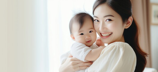 Asian mother holding her newborn baby. Hand edited generative AI. 