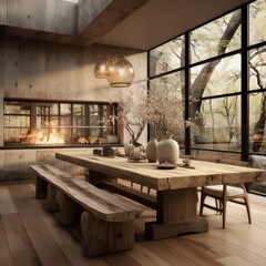 wabisabi home dining room with clear tones and natural generative ai