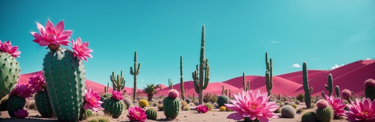 cactus plants with pink blooms in the desert, pink and green desert flora
 - Powered by Adobe