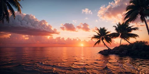 Crédence de cuisine en verre imprimé Bora Bora, Polynésie française tropical paradise with palm trees silhouetted against a stunning orange and pink ocean sunset. 