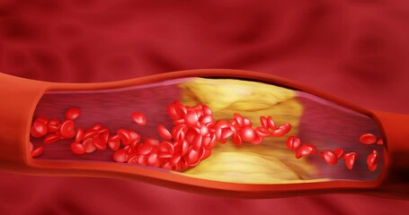 Hyperlipidemia or arteriosclerosis. Blocked artery concept and human blood vessel as a disease with cholesterol fat buildup clogging. Clogged arteries, Cholesterol plaque in the artery. 3D Rendering