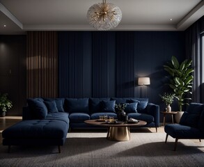a beautiful living room with a blue velvet sofa and a gold coffee table with a minimalist and chic style