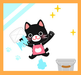 雑巾で窓を拭く猫のキャラクター