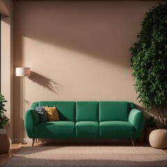 a beautiful living room with a green sofa and a large plant, minimalist and natural style