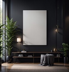 a dark and stylish living room with a black wall and a white frame mockup