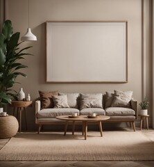 Mock up frame in home interior background, modern, beige living room with wooden accents, comfortable sofa, plants, framed art, and coffee table