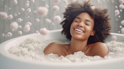 Happy black woman taking bubble bath, generative ai.
