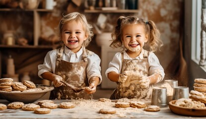 Kids cooking and having fun on kitchen, generative ai.