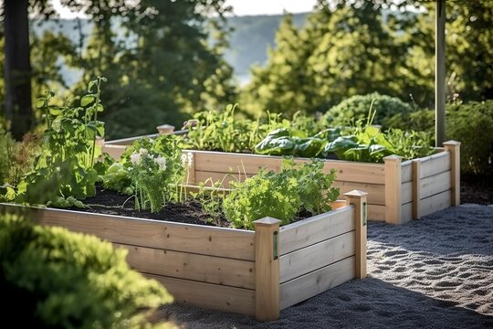 Garden bed with raised green vegetables, generative ai.