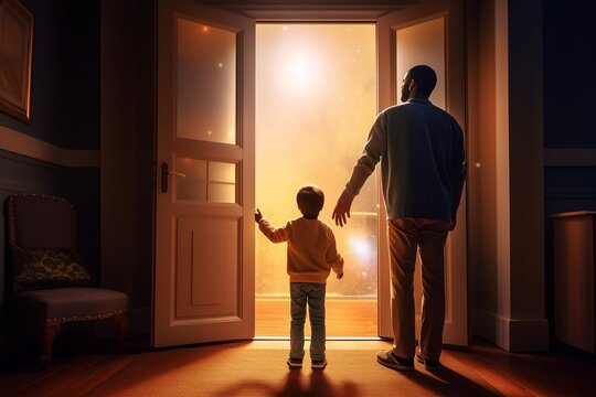 Father opens the door for his son, generative ai metaphorical image of dad showing world to his child.