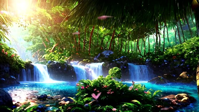 Beautiful view of tropical jungle garden in fantasy style. Seamless 4K time lapse virtual video animation background. Fantasy Paradise Garden Illustration.