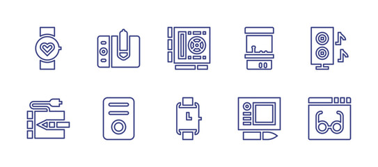 Device line icon set. Editable stroke. Vector illustration. Containing fitness, pen tablet, smartwatch, graphic tablet, music player, arcade game, speaker, wacom, reading, graphics card.