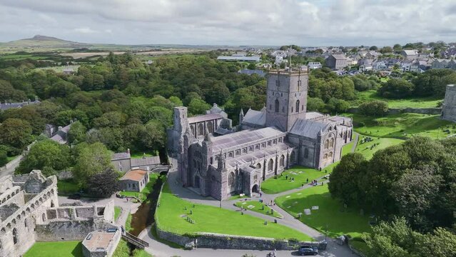 St Davids Cathedral from a drone, St Davids, Haverfordwest, Pembrokeshire, Wales, England