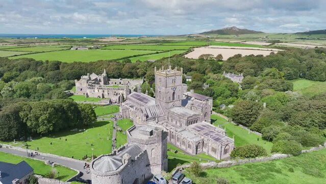 St Davids Cathedral from a drone, St Davids, Haverfordwest, Pembrokeshire, Wales, England