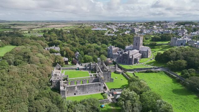 St Davids Cathedral from a drone, St Davids, Haverfordwest, Pembrokeshire, Wales, England