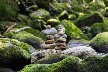 치악산 계곡에 있는 돌탑과 이끼