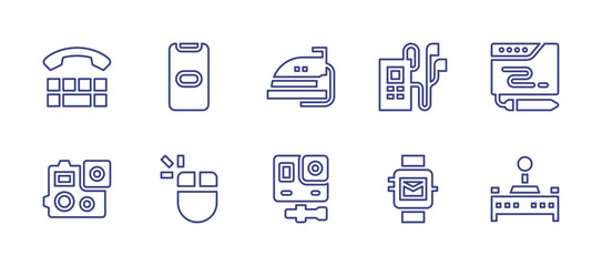 Device line icon set. Editable stroke. Vector illustration. Containing iron, cam, loading, computer mouse, mp player, graphic tablet, smart watch, remote control, teleprinter, action camera.