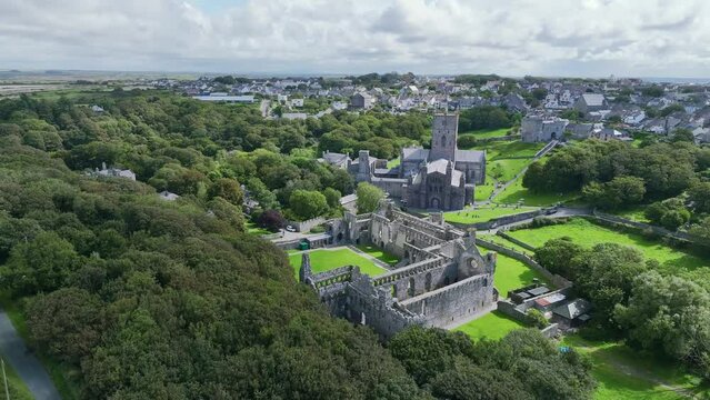 St Davids Cathedral from a drone, St Davids, Haverfordwest, Pembrokeshire, Wales, England
