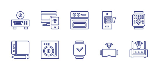 Device line icon set. Editable stroke. Vector illustration. Containing smartwatch, phone, vr glasses, wifi router, oven, dvd player, responsive, graphic tablet, turntable.