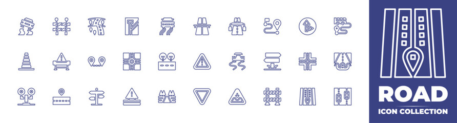 Road line icon collection. Editable stroke. Vector illustration. Containing highway, danger, route, yield, slippery road, signpost, road barrier, pothole, barrier, work in progress, traffic, and more.