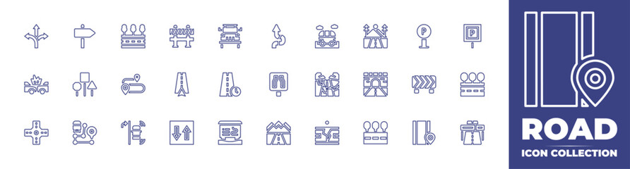 Road line icon collection. Editable stroke. Vector illustration. Containing choice, sign, car accident, road sign, road intersection, destination, road, route, right turn, parking, and more.