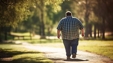 肥満の男性が公園を歩く・メタボリックシンドローム
 - obrazy, fototapety, plakaty
