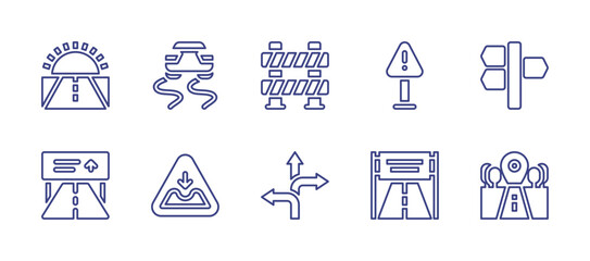 Road line icon set. Editable stroke. Vector illustration. Containing highway sign, slippery road, pothole, barrier, road sign, warning sign, road banner, road.