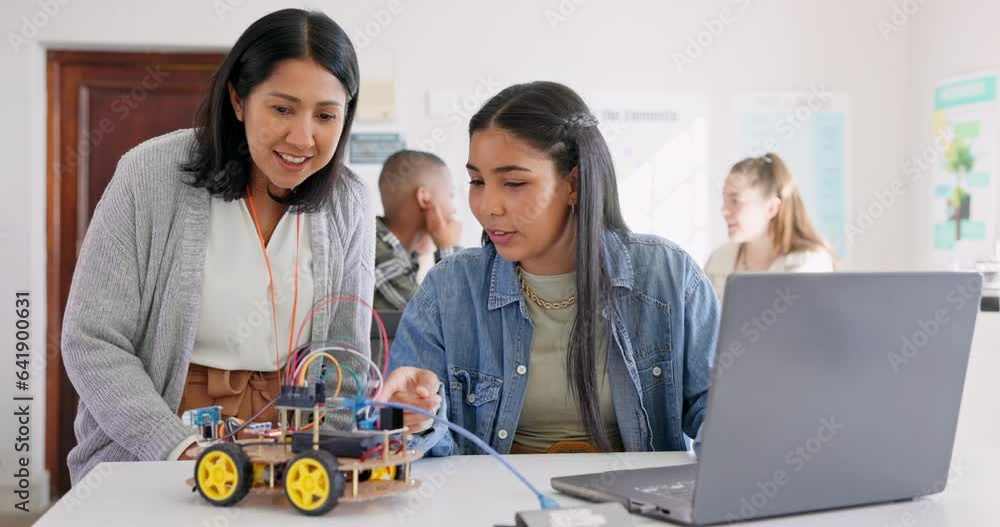 Poster technology, car robotics and student on laptop, teacher and happy for project in classroom, educatio