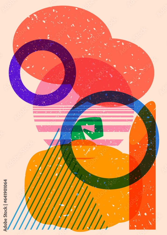 Poster pumpkin with speech bubble and colorful geometric shapes in trendy riso graph design. geometry eleme