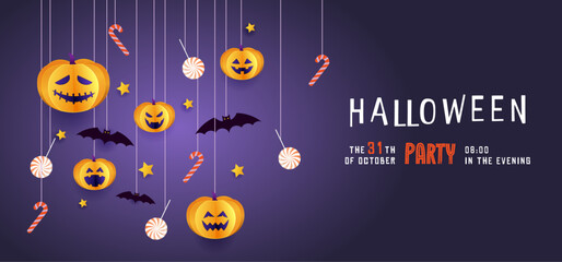 Halloween event and party poster with the cutest pumpkins, bats and candies in the night clouds. Paper cut, digital craft style. Halloween web Sale design, poster, party invitation or greeting card