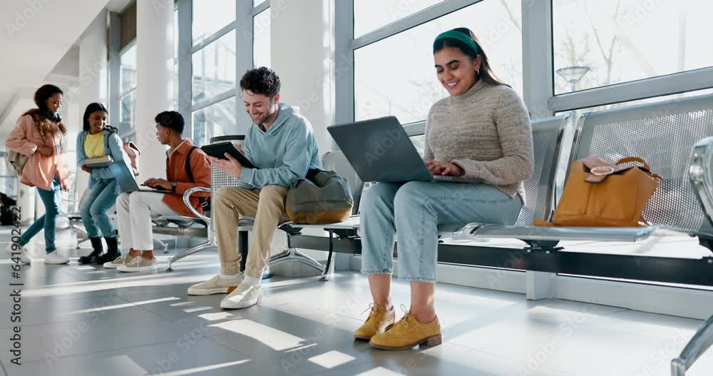 Aufkleber university, students and woman with research on laptop for notes for course project or reading resul
