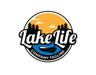 Circle Sunset Lake Boat Emblem Logo Design Template