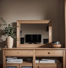 modern wooden dresser with mirror and vase in neutral-toned living room