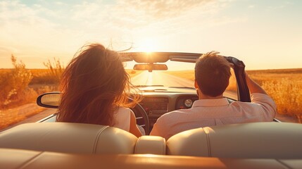 a young beautiful couple driving a convertible cabriolet car on a highway in summer vacation at a sea beach. pov from behind. sunny weather. Generative AI
