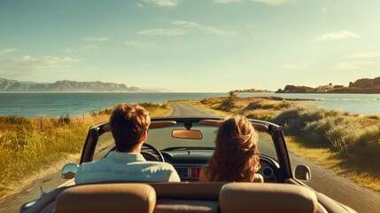 a young beautiful couple driving a convertible cabriolet car on a highway in summer vacation at a sea beach. pov from behind. sunny weather. Generative AI - Powered by Adobe