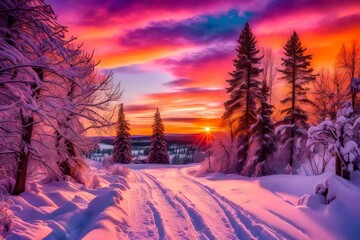 sunrise over the mountains, sunset in the mountains, Colorful winter sunset