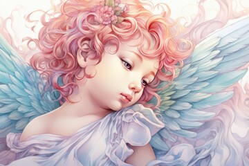 Naklejka premium illustration of cute little angel with wings. AI generated