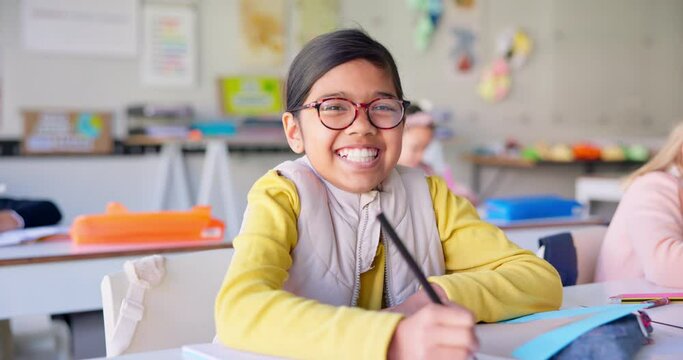Smile, education and writing with girl in classroom for learning, knowledge and study. Scholarship, happy and future with portrait of young student at school for academy, exam test and project