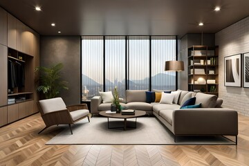 Naklejka na ściany i meble Modern stylish living room with large windows and beige sofa on the background of brown wall with fireplace, shelving with books and decor, and potted plants. Cozy chalet interior. 3d rendering